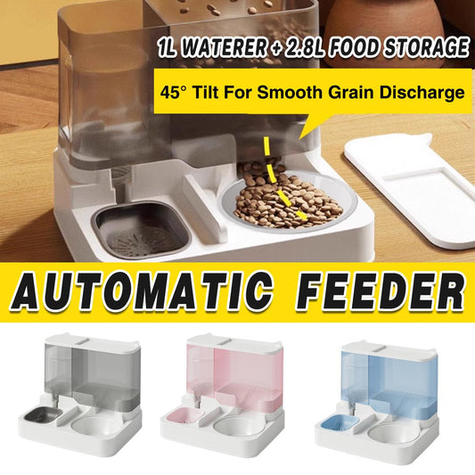 Automatic Cat Feeder Water Dispenser All in One Plastic Bowl for Cats and Dogs - Pink