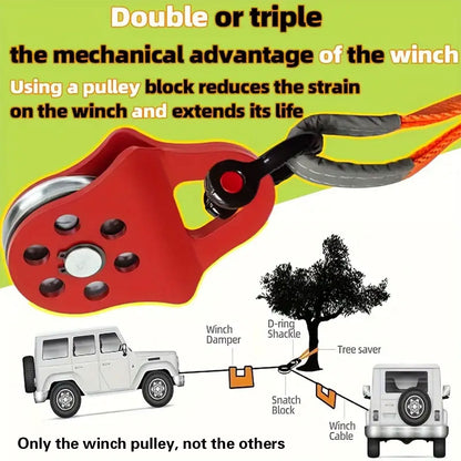 Off Road Recovery Winch Pulley Snatch Block Tackle Tow Hook Accessory Heavy Duty - Red